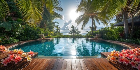 Fototapeta premium Swimming pool with plumeria flowers on a wooden deck, serving as a relaxing outdoor leisure area