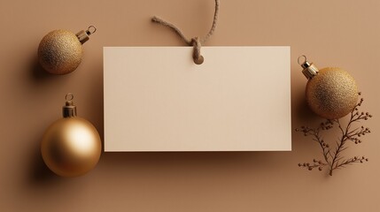 A blank white card with rounded corners hangs on a string, surrounded by two gold and brown Christmas decorations against an isolated light beige background.