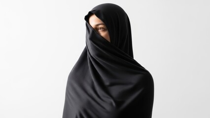A portrait of a woman wearing a black head covering, with only one eye visible.