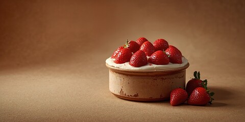 Homemade strawberry cake in a ceramic baking dish, suitable for bakery background or recipe layout