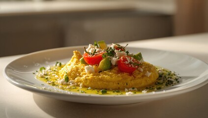 Scrambled eggs served with cherry tomatoes, avocado, feta cheese, and olive oil, highlighting healthy meal preparation