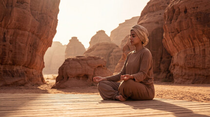 Saudi woman meditating in modest yoga wear on a wooden deck in the AlUla desert at sunrise