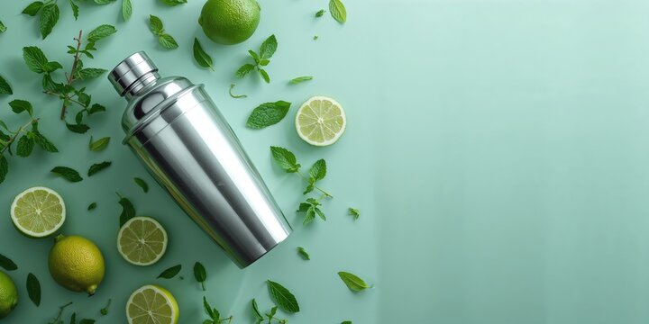 Arrangement of a shaker with fresh lime and mint leaves on a light surface, illustrating beverage mixing tools, International Cocktail Day