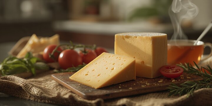Sliced Kashkaval cheese on a serving board, highlighting cheese diversity observance