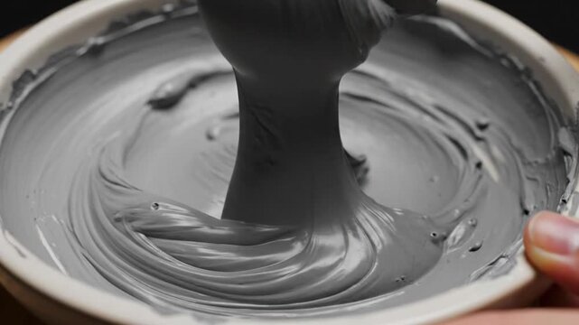 Close-up Macro Shot of Smooth Gray Clay Mask Being Mixed in a White Bowl with a Spatula Showing Creamy Texture and Swirls