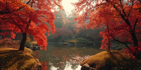 Autumn scene with vibrant red foliage in a Japanese park, highlighting fall colors in Kyoto