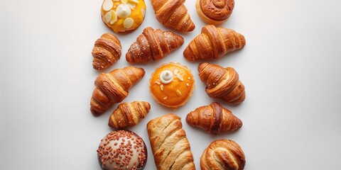 Set of freshly baked pastries isolated on a white background, suitable for food styling or menu layout