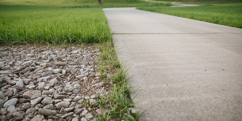 Obraz premium Gravel and grass strip alongside a concrete road, functional background for signage or graphics