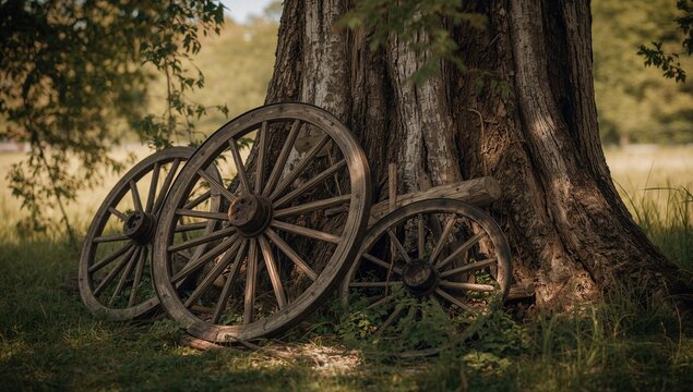 Decorative wagon wheel spokes positioned near a tree, highlighting rustic design elements