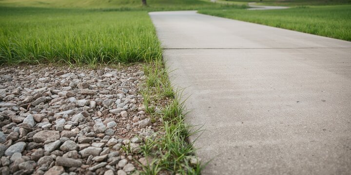 Fototapeta Gravel and grass strip alongside a concrete road, functional background for signage or graphics