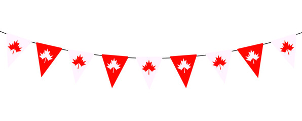 Red white triangle pennant flags with maple leaf string decoration inspired by Canada flag for Canada Day celebration outdoor party