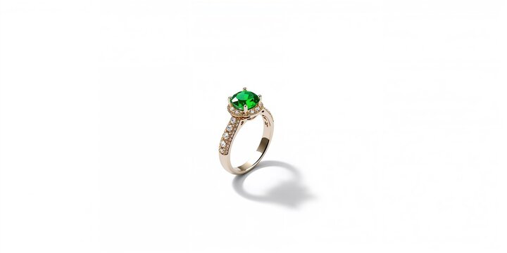 A silver ring featuring an emerald stone, highlighting jewelry detail and material quality, on a plain background