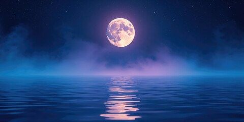 Nighttime water event with levitating moon-like light sphere for a full moon party, highlighting nighttime festivities