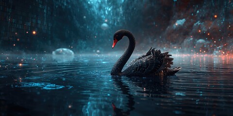 Black Swan in a high-tech environment with large data visualization, focusing on cybersecurity risks