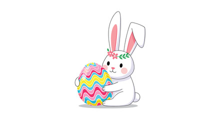 Fototapeta premium Easter bunny character wearing a pink flower crown and hugging a large colorful egg decorated with bright wavy lines and patterns.