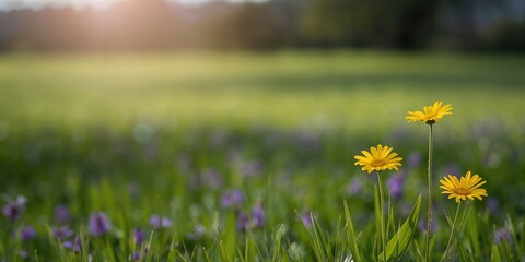 Yellow daisies and small purple wildflowers in the background at Still Bay, seasonal bloom patterns, Earth Day