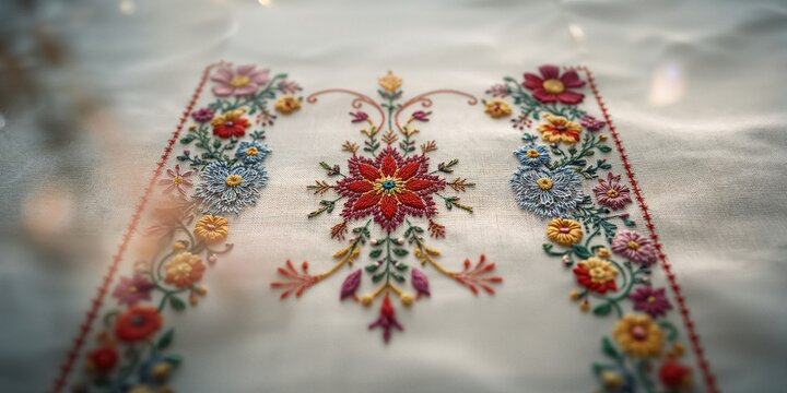 Colorful Hungarian embroidery on fabric, showcasing regional craftsmanship, cultural heritage