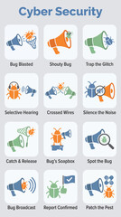 Isometric Cyber Security Icon Set with Megaphones and Bug Illustrations on Light Gray Background