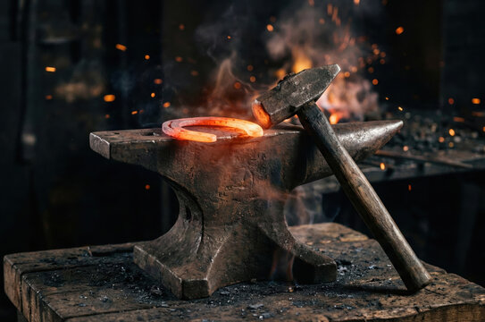 Hyper-realistic animation blacksmith forging hot metal on anvil with flying sparks - Powered by Adobe