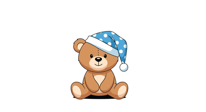 Cuddly brown teddy bear sitting peacefully while wearing a blue and white polka dot nightcap ready for a long night of sweet dreams.