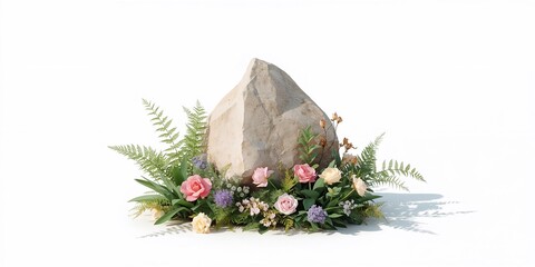 Rock cutout integrated into a garden design with flowering shrub and lush greenery, serving as landscape decoration