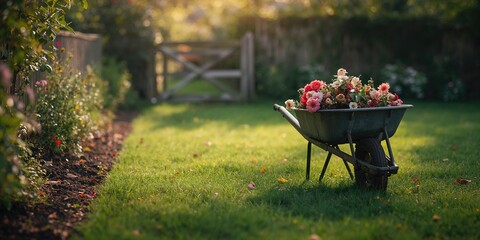 Wheelbarrow containing dead flowers and garden debris for landscape maintenance, Earth Day