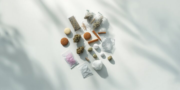 Light background showing illegal substances such as tobacco, weed, MDMA, amphetamine, and heroin in plastic bags, highlighting drug trade hazards