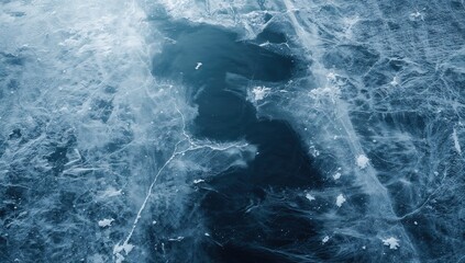 Top-down perspective of icy lake surface showing structural craters and water ice formations, emphasizing cold weather conditions