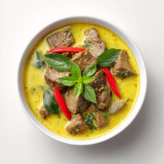 Spicy Delights: An overhead shot showcases a bowl of culinary art, where vibrant green curry is complemented by tender meat and spicy red chili. 