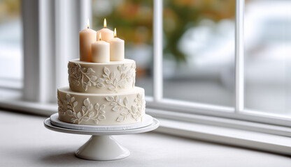 Birthday cake with candle: A beautifully decorated two-tier cake, adorned with delicate floral patterns and topped with lit candles, sits elegantly on a pedestal.