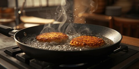 Fototapeta premium Golden-brown patties cooking in bubbling oil, illustrating the texture and preparation process in a culinary setting
