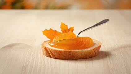 Homemade orange marmalade spread on bread with a spoon, garnished with orange leaves, highlighting traditional food preparation