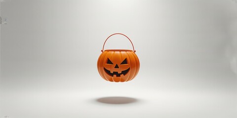Pumpkin-shaped Halloween bucket with handle floating on white background, holiday costume accessory