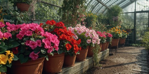Colorful geraniums and various flowering plants in tubs within a greenhouse, focused on horticultural care