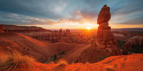 Utah's Red Canyon during sunset with vibrant sandstone cliffs and natural rock patterns, suitable for scenic backdrops