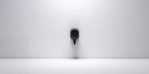 White wall with a centered black electric plug serving as a UI backdrop for electronic interface layouts