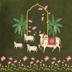 Indian traditional pichwai cow and calf painting. Illustration Design For Interior Decor Or Wall Decor. © Sanskritiethnic