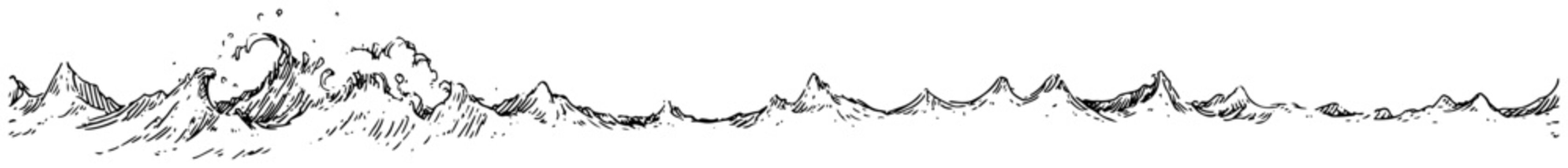 Hand drawn sketch of ocean waves sea surface panoramic border
