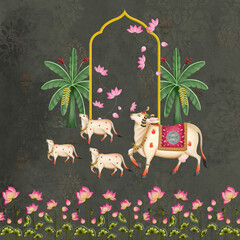 Indian traditional pichwai cow and calf painting. Illustration Design For Interior Decor Or Wall Decor. © Sanskritiethnic