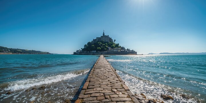 St Michael's Mount near Marazion in Cornwall, historic island castle viewed from the shoreline, Earth Day