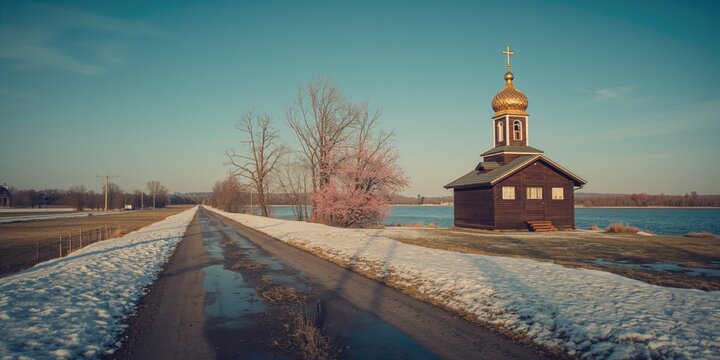 Temple in Vyshniy Volochok town in central Russia, religious site with traditional wooden details