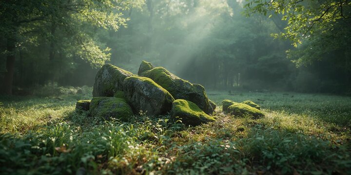 Large stones blanketed with moss in an outdoor setting, highlighting erosion control measures