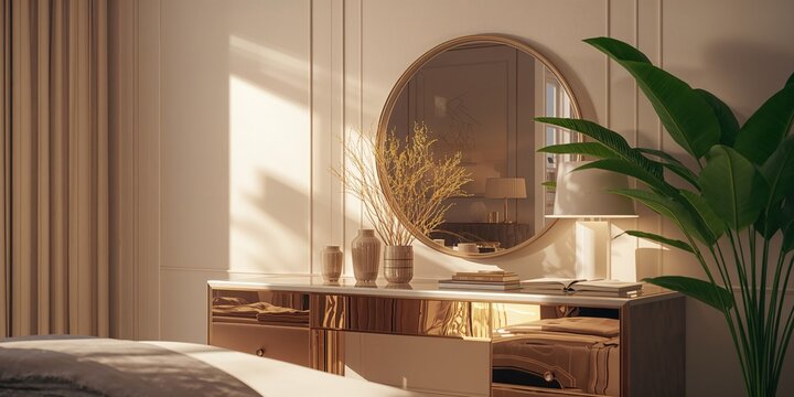 Wooden dressing table featuring a circular mirror designed for daily makeup and dressing routines