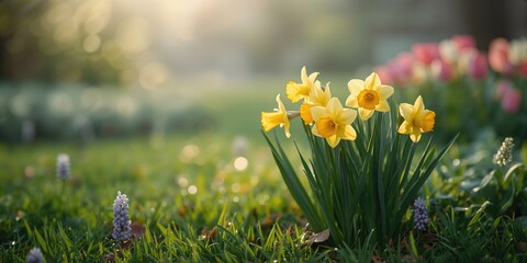 Garden with vibrant spring blooms, highlighting seasonal floral display and natural renewal