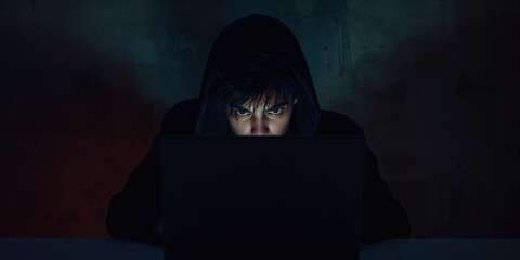 Cybercriminal using a laptop in a dark setting, illustrating digital security risks