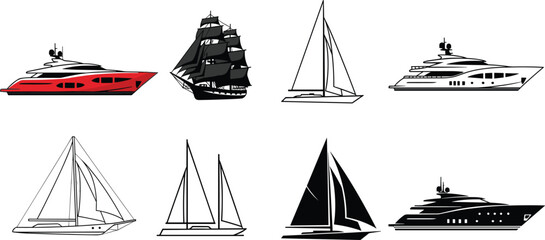 Yacht and sailboat silhouette collection with luxury motor yachts, classic sailing ships, modern sailboats, minimal black white vector illustration set © Hello World