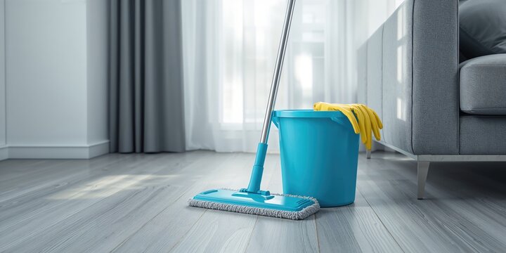 Cleaning equipment with a floor mop and bucket in a room, focused on sanitation procedures