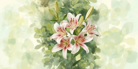Fototapeta premium Lily flowers with leafy background used as a watercolor floral pattern for summer designs, nature, vintage style