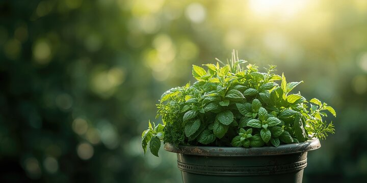 Outdoor herb planter with mint, chives, parsley, and basil, focusing on urban gardening and plant maintenance