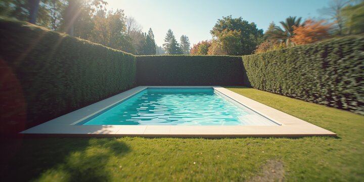 Gunite pool on a summer day behind high hedges, backyard recreation area, seasonal change